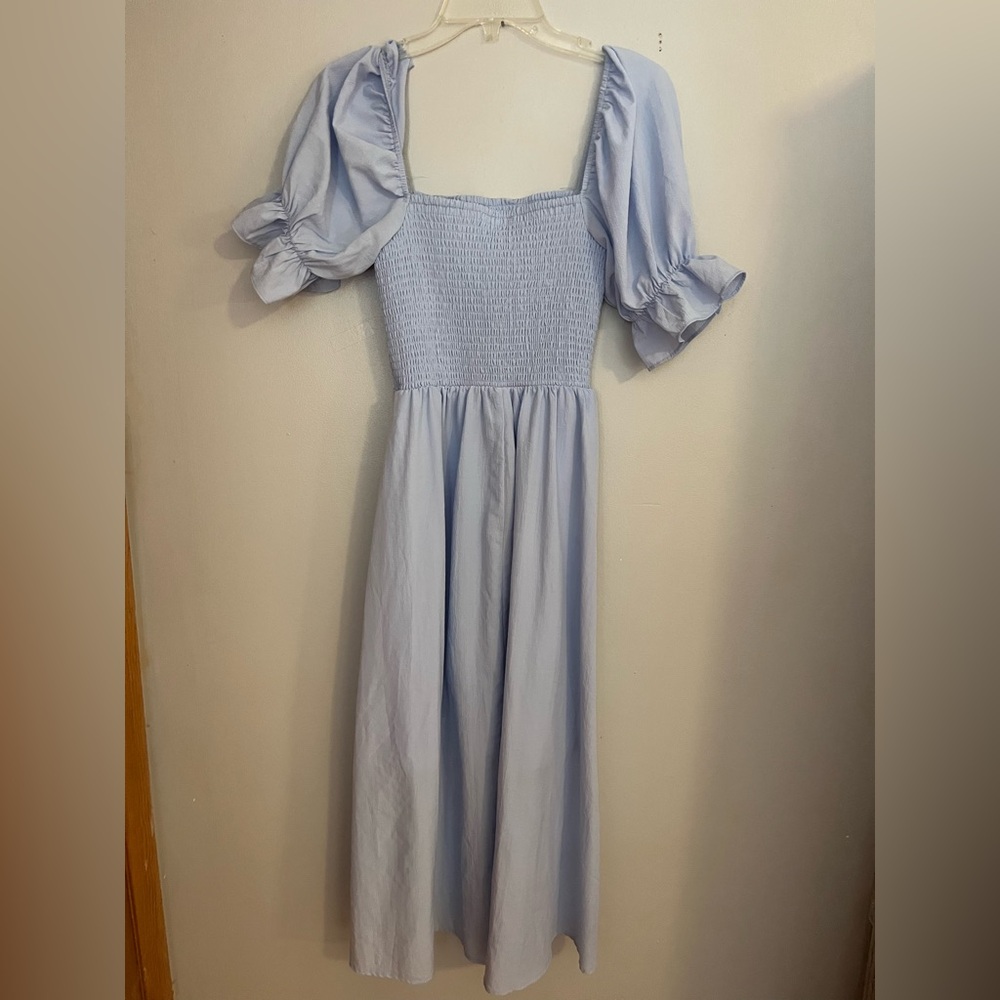 Altar'd State Light Blue Smocked Midi Dress with Puff Sleeves - Picture 2 of 4